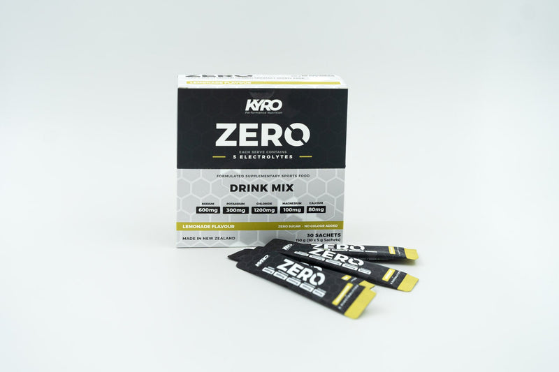 A box of KRO Zero drink mix with two single-serve packets placed in front on a clean white studio background.